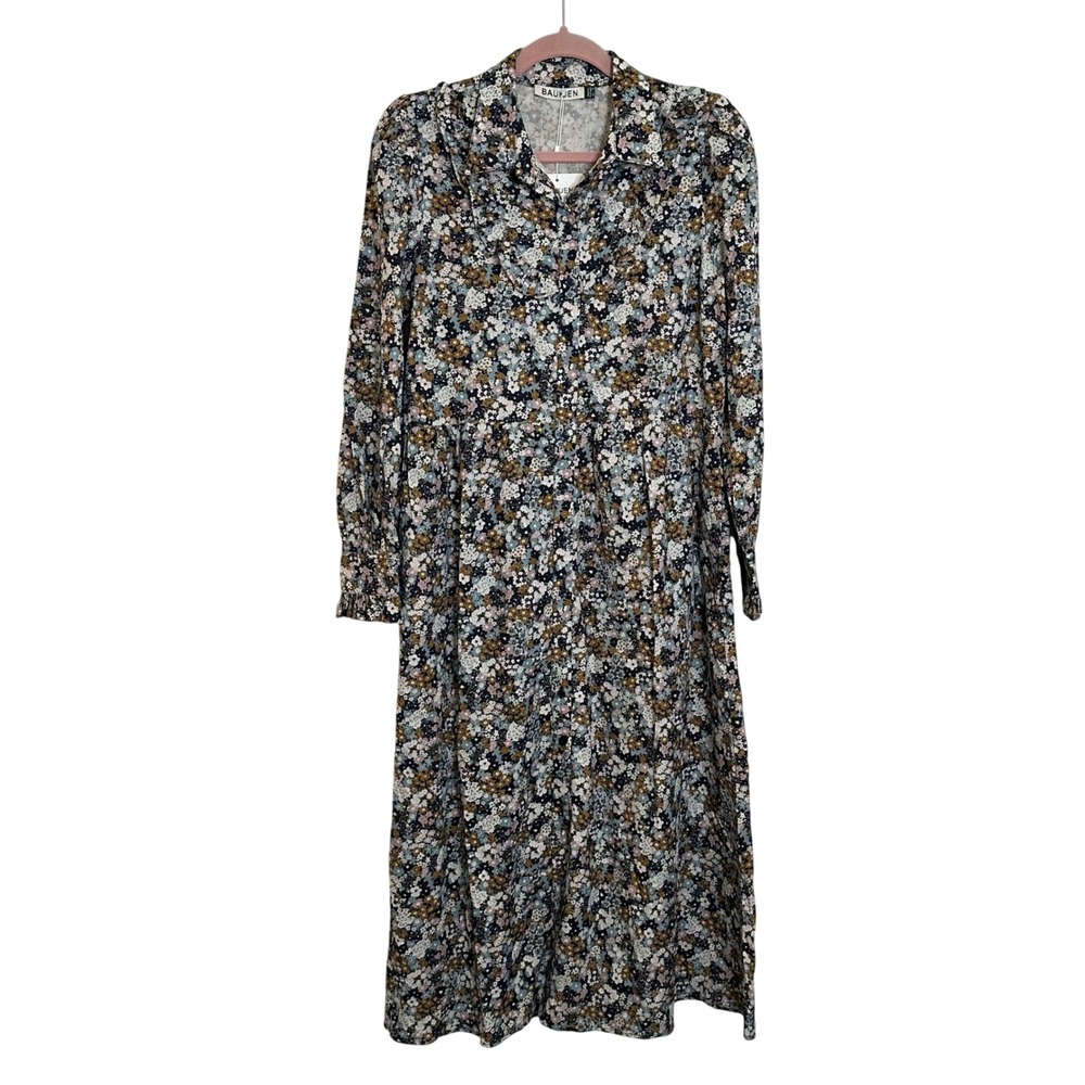 Baukjen Zenni Organic Cotton Midi‎ Shirt Dress Size 8 Navy Blue Ditzy Floral NEW